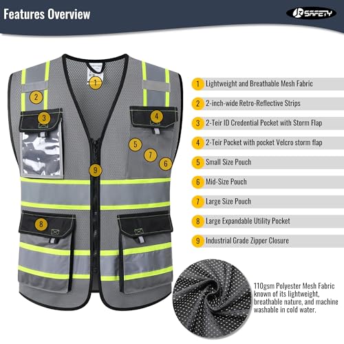 JKSafety سترات السلامة العاكسة عالية الوضوح من JKSafety للرجال والنساء مع جيوب من قماش شبكي (220-رمادي L) - Image 4