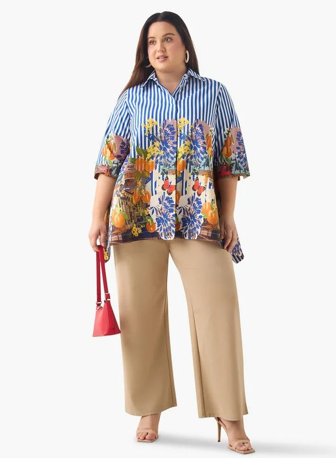 Ulla Popken Plus Size Ulla Popken Relaxed Fit Floral Print Shirt with Collar and 3/4 Sleeves