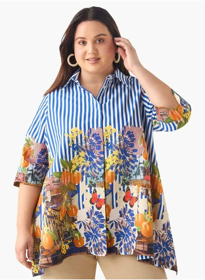 Ulla Popken Plus Size Ulla Popken Relaxed Fit Floral Print Shirt with Collar and 3/4 Sleeves