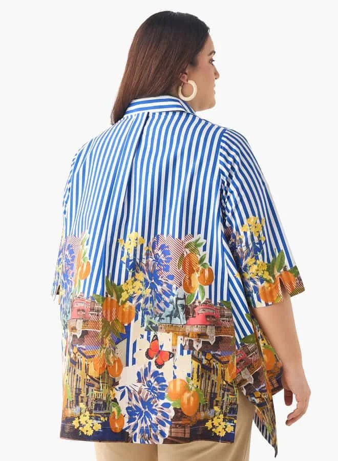 Ulla Popken Plus Size Ulla Popken Relaxed Fit Floral Print Shirt with Collar and 3/4 Sleeves