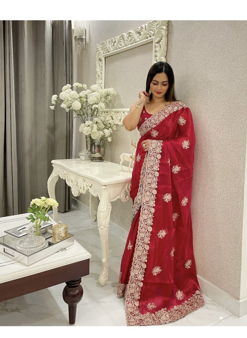 Grab Mantra - Beautiful Red Chiffon Sari With Golden Zari Cut work On Border Plus Unstitched Blouse - Image 1