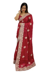 Beautiful Red Chiffon Sari With Golden Zari Cut work On Border Plus Unstitched Blouse