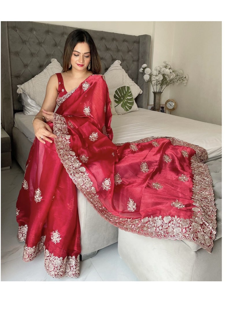 Grab Mantra - Beautiful Red Chiffon Sari With Golden Zari Cut work On Border Plus Unstitched Blouse - Image 1