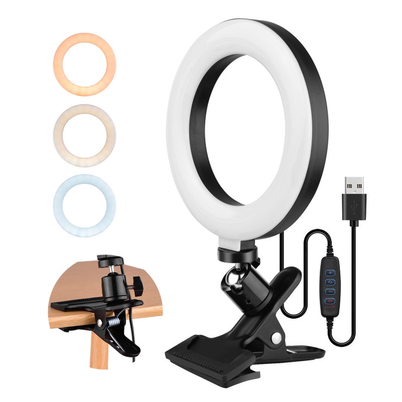 6.3 Inch 2700K-5500K Selfie Ring Video Light with Clamp Mount 3 Dimmable Colors 11 Brightness Levels 360 Degrees Rotatable for Desk Bed Office Online Teaching Makeup Video Recording Live Steaming - Image 1