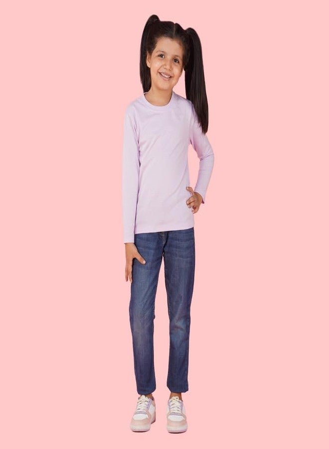 Nusyl Girls Lilac Solid Cotton T-Shirt | Round Neck | Full Sleeves | Plain-Regular Fit | - Image 4