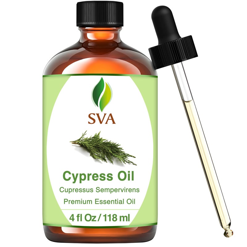 SVA Organics SVA Cypress Essential Oil 4 Fl Oz 100 Natural Cypress Oil for Diffuser Hair Care Face Skin Care Aromatherapy Scalp and Body Massage Soap and Candle Making with Dropper