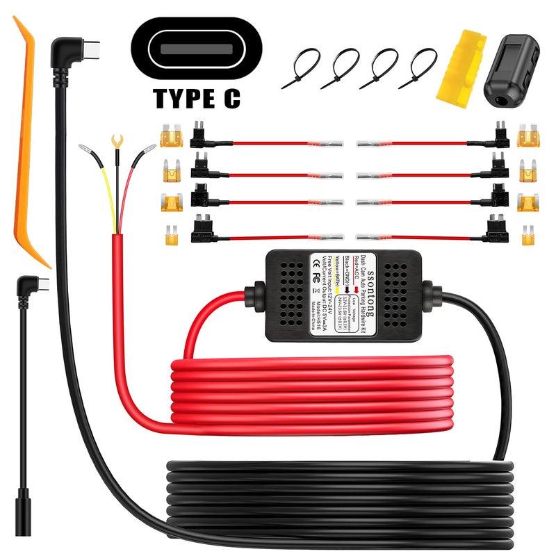 ssontong Dash Cam Hardwire Kit, Acc Hardwire Kit for Dash Camera Type C 3-Lead Hard Wire Kit 12V-24V to 5V USB-C Hard Wire Kit w/Low Voltage Protection 13ft Charger Power Cord for GPS Radar Detectors and More - Image 1