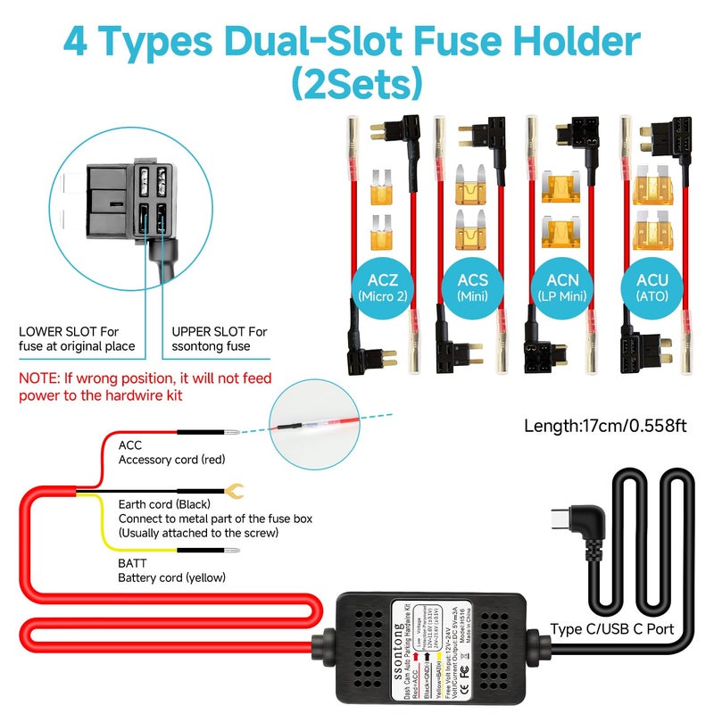 ssontong Dash Cam Hardwire Kit, Acc Hardwire Kit for Dash Camera Type C 3-Lead Hard Wire Kit 12V-24V to 5V USB-C Hard Wire Kit w/Low Voltage Protection 13ft Charger Power Cord for GPS Radar Detectors and More - Image 3