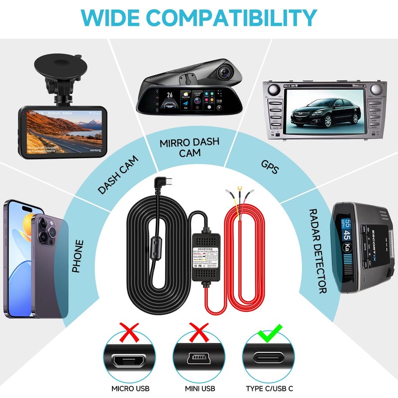 ssontong Dash Cam Hardwire Kit, Acc Hardwire Kit for Dash Camera Type C 3-Lead Hard Wire Kit 12V-24V to 5V USB-C Hard Wire Kit w/Low Voltage Protection 13ft Charger Power Cord for GPS Radar Detectors and More - Image 2
