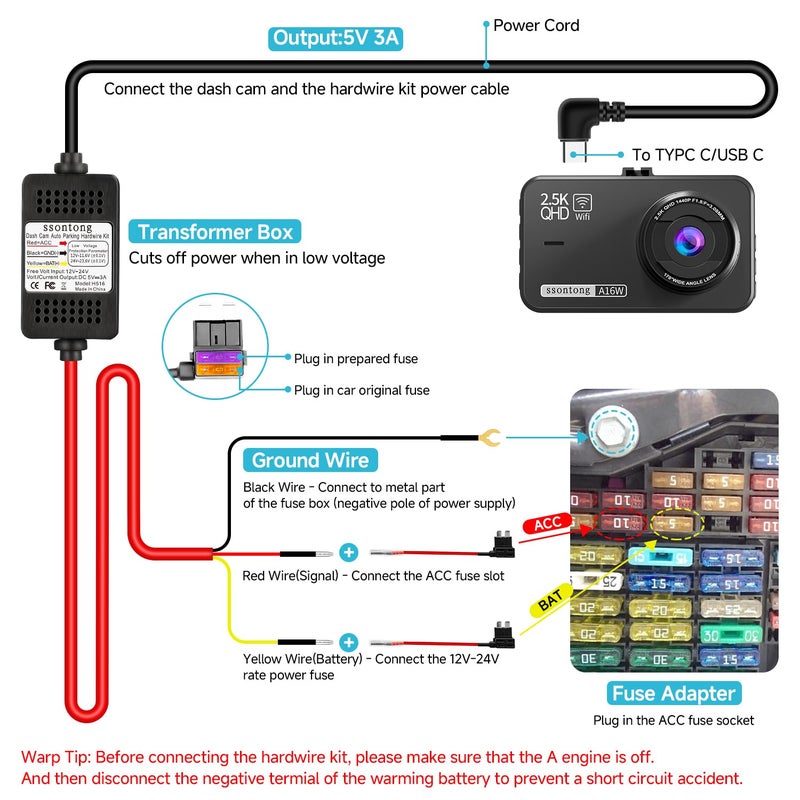 ssontong Dash Cam Hardwire Kit, Acc Hardwire Kit for Dash Camera Type C 3-Lead Hard Wire Kit 12V-24V to 5V USB-C Hard Wire Kit w/Low Voltage Protection 13ft Charger Power Cord for GPS Radar Detectors and More - Image 4
