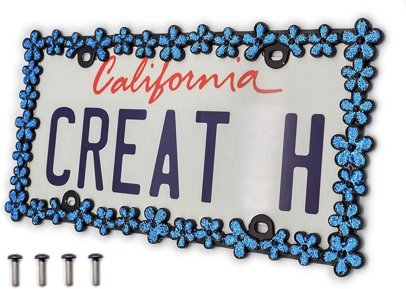 CRAFTHOME 3D Shining Daisy Wrenth License Plate Frame from Pure Zinc Alloy Metal Perfect Plate Holder,Matt Black with Blue Glitter - Image 1