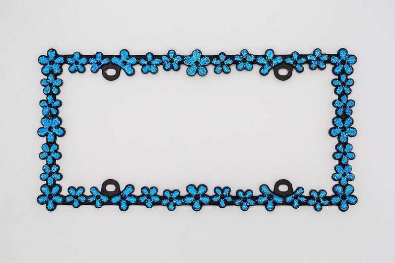 CRAFTHOME 3D Shining Daisy Wrenth License Plate Frame from Pure Zinc Alloy Metal Perfect Plate Holder,Matt Black with Blue Glitter - Image 2