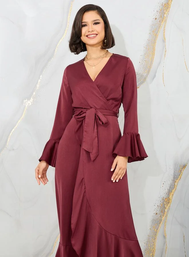 ستايلي Bell Sleeve Wrap Front Maxi Dress with Tie Belt