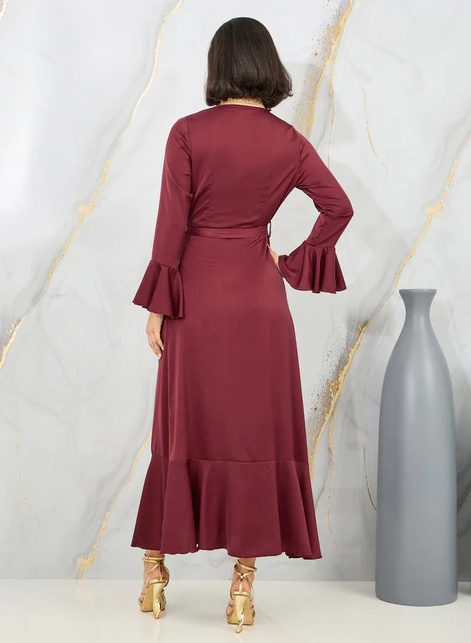 ستايلي Bell Sleeve Wrap Front Maxi Dress with Tie Belt