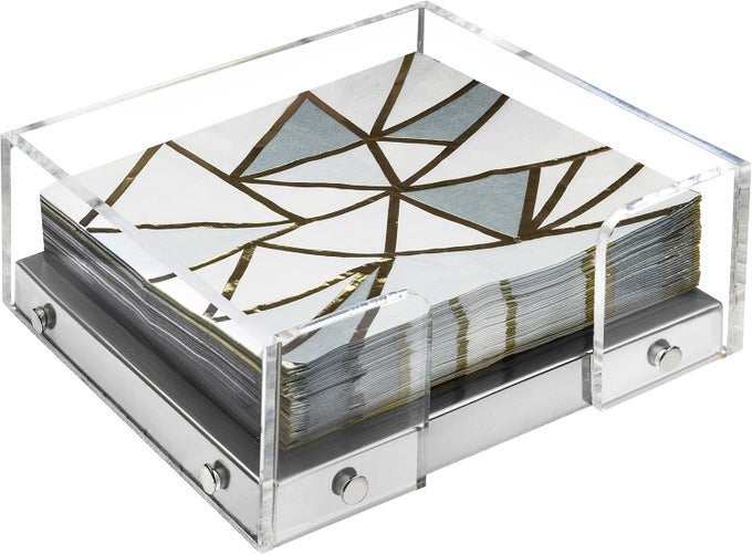 MODERN NAPKIN HOLDER FOR KITCHEN SITTING NAPKIN HOLDER FOR TABLES CLEAR ACRYLIC AND STEEL BASE KITCHEN DINING ROOM DCOR SILVER