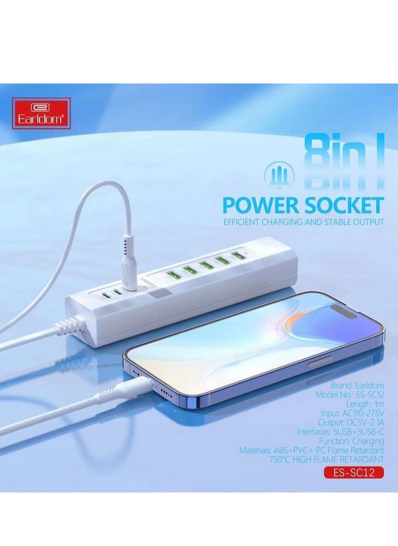 Earldom 8-in-1 Power Socket Charging Station with 5 USB Ports & 3 Type-C Ports | Multi-Port Fast Charging Extension Plug | Universal Desktop Power Strip with Surge Protection | Compact Travel-Friendly Adapter for Home & Office – Model SC12  - Image 2
