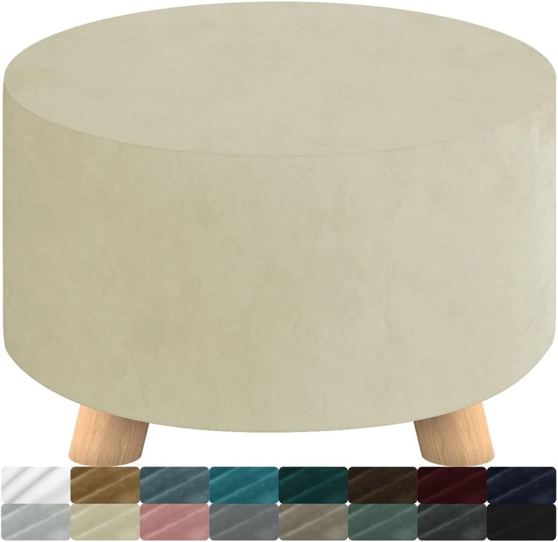 MAXIJIN Velvet Ottoman Slipcover - Round Foot Stool Cover - Thick Washable Beige Medium Size - Image 1