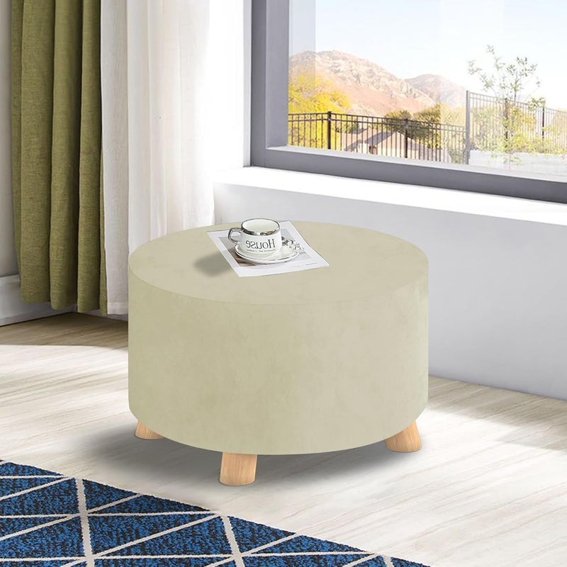 MAXIJIN Velvet Ottoman Slipcover - Round Foot Stool Cover - Thick Washable Beige Medium Size - Image 2