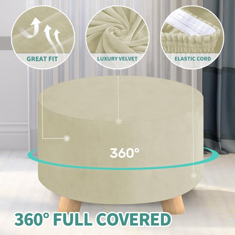 MAXIJIN Velvet Ottoman Slipcover - Round Foot Stool Cover - Thick Washable Beige Medium Size - Image 4