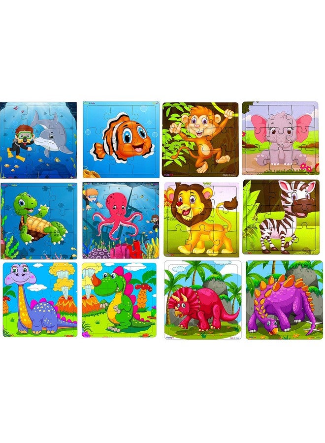 Fiddlys Fiddly's Wood Jigsaw Puzzles for Kids & Children - 9 Pieces (Pack of 12 - Animals+Dinos+Sea) Age 3+ - Image 1