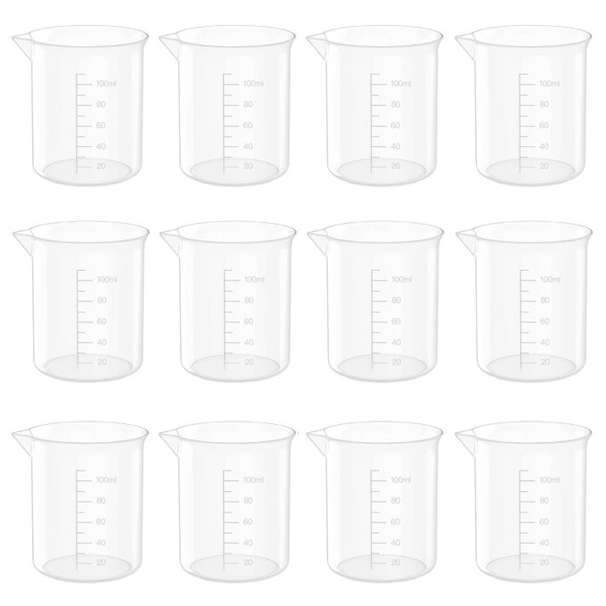 12 PCS 34 OZ TRANSPARENT LAB MEASURING CUP 100ML PLASTIC BEAKER CUPS FOR SCIENCE EXPERIMENT LIQUID MEASURING