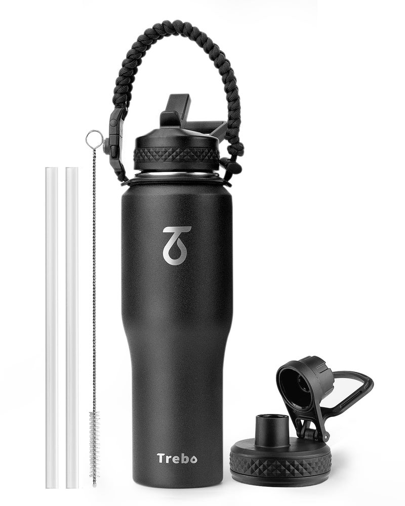 Trebo 32 oz Water Bottle Insulated Fit in Any Car Cup HolderTriple Wall Vacuum Stainless Steel Water Bottles Keep Cold for 48 HrsLeakproof Tumbler Flask with Paracord HandleStraw Spout Lids