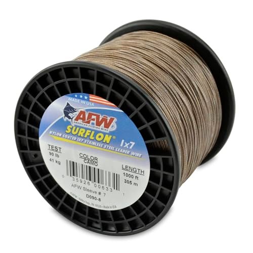 AFW American Fishing Wire Surflon, Nylon Coated 1x7 Stainless Steel Leader Wire, 90 lb Test, .036" Diameter, Camo, 1000 ft - Image 1