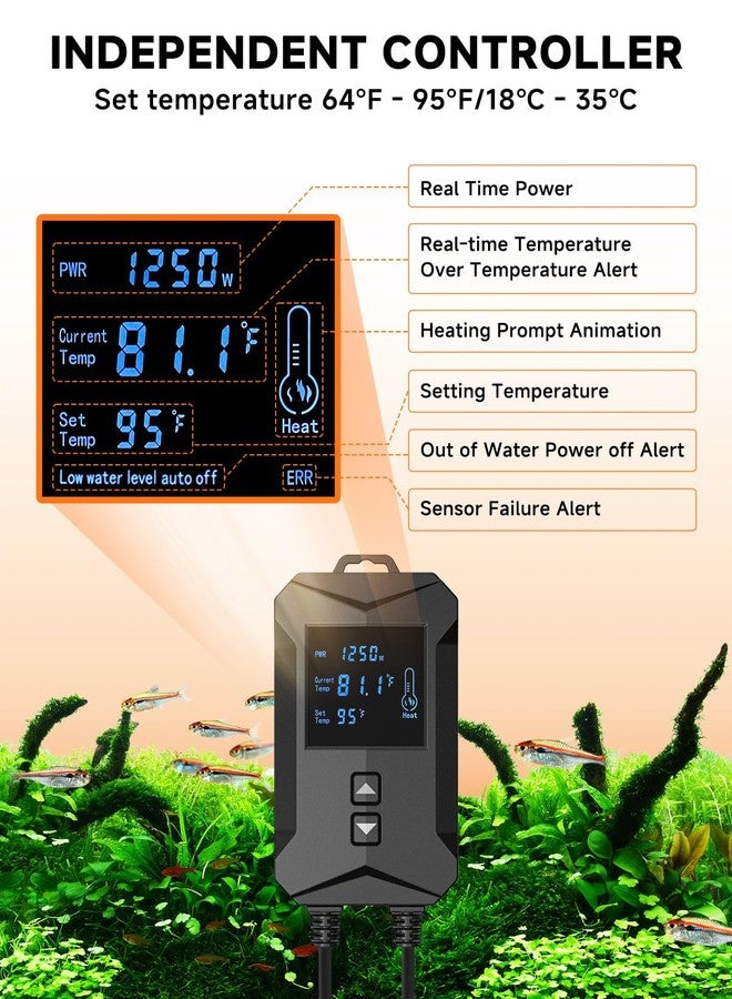 آقا سخان حوض السمك AQQA بقوة 800 واط / 1000 واط / 1200 واط / 1400 واط، مزود بشاشة عرض رقمية LED، يعمل بجهد 110-120 فولت، قابل للغمر، لا يحتاج إلى سخان بركة، مزود بحماية من الحرارة الزائدة والجفاف، مناسب لأحواض المياه العذبة والمالحة (800 واط). - Image 2