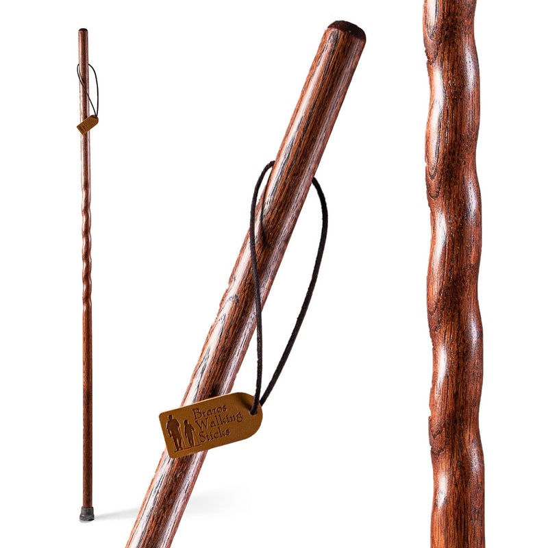 Brazos Handcrafted Wood Walking Stick, Twisted Oak, Trekker Style Handle, for Men & Women, Made in the USA, Red, 55" - Image 1