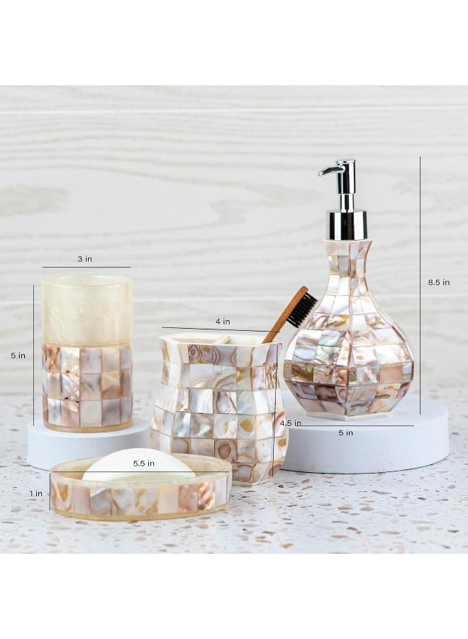Creative Scents مجموعة ملحقات الحمام ميلانو 4 قطع مجموعة ملحقات الحمام مع قواقع أم اللؤلؤ الطبيعية مجموعة حمام زخرفية تشمل موزع صابون حامل فرشاة أسنان كوب وصحن صابون - Image 2