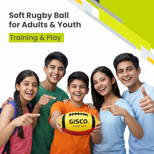 GISCO Soft Rugby Ball for Adults & Youth (1 Piece) | Training & Play, Indoor & Outdoor Use | Handstitched, Made of PVC – Size 200mm, Red & Yellow - Image 3