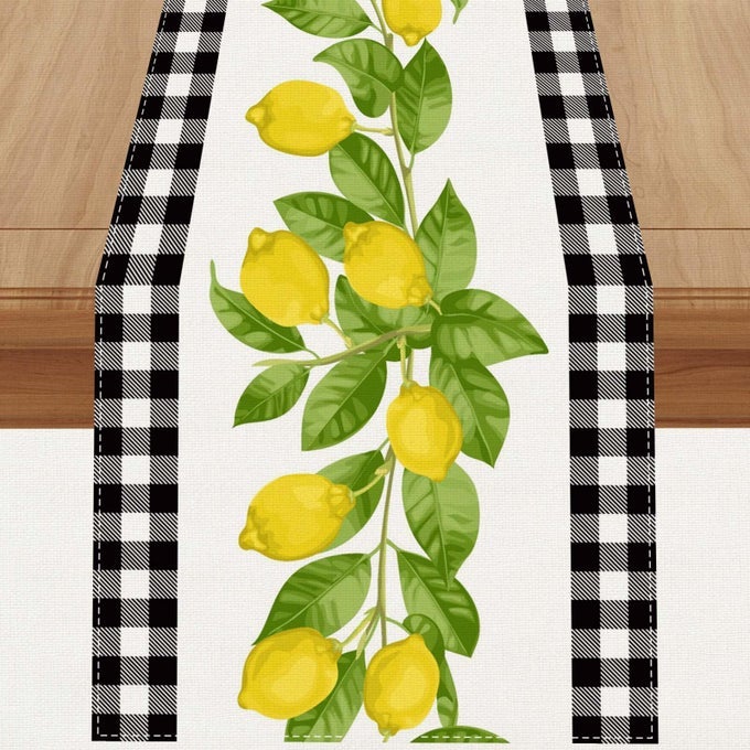LINEN WHITE AND BLACK BUFFALO PLAID CHECK LEMON TABLE RUNNER 72 INCHES LONG FARMHOUSE STYLE SPRING SUMMER HOME KITCHEN DINDING ROOM TABLE DECORATION