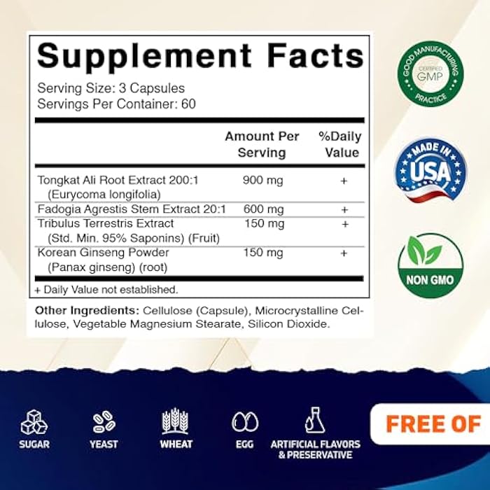 Vitamatic Tongkat Ali Extract 200 :1 Extract for Men (Longjack) Eurycoma Longifolia - 1800 mg Per Serving - Made with Fadogia Agrestis 20:1 Extract, Tribulus 95% & Panax Ginseng - 180 Capsules - Image 2