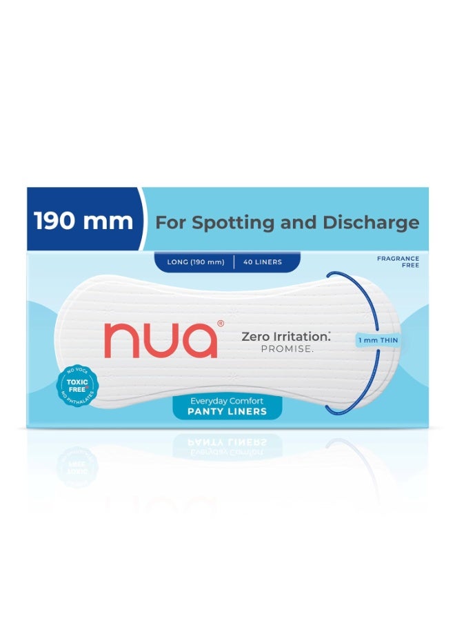 Nua Everyday Comfort Panty Liner for Women Daily Use | Pack of 40 liners 190mm | For White Discharge, Spotting & Non Period Leakages | Individually Wrapped | Zero Irritation | Super-thin | Stays in Place | Instant Absorption | Softest Top sheet | 100% Toxic-Free | Panty Liner Pads Sanitary Napkins - Image 1