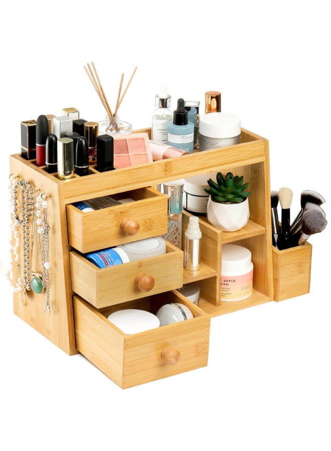 Elsjoy Bamboo Makeup Organizer with 3 Drawers 12Grid Lipstick Holder Desk Bamboo Vanity Jewelry Organizer Countertop Cosmetic Storage Box Stand with Hooks for Hanging Jewelry - Image 2
