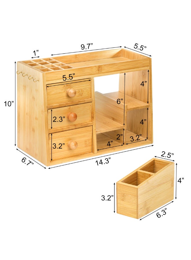 Elsjoy Bamboo Makeup Organizer with 3 Drawers 12Grid Lipstick Holder Desk Bamboo Vanity Jewelry Organizer Countertop Cosmetic Storage Box Stand with Hooks for Hanging Jewelry - Image 4