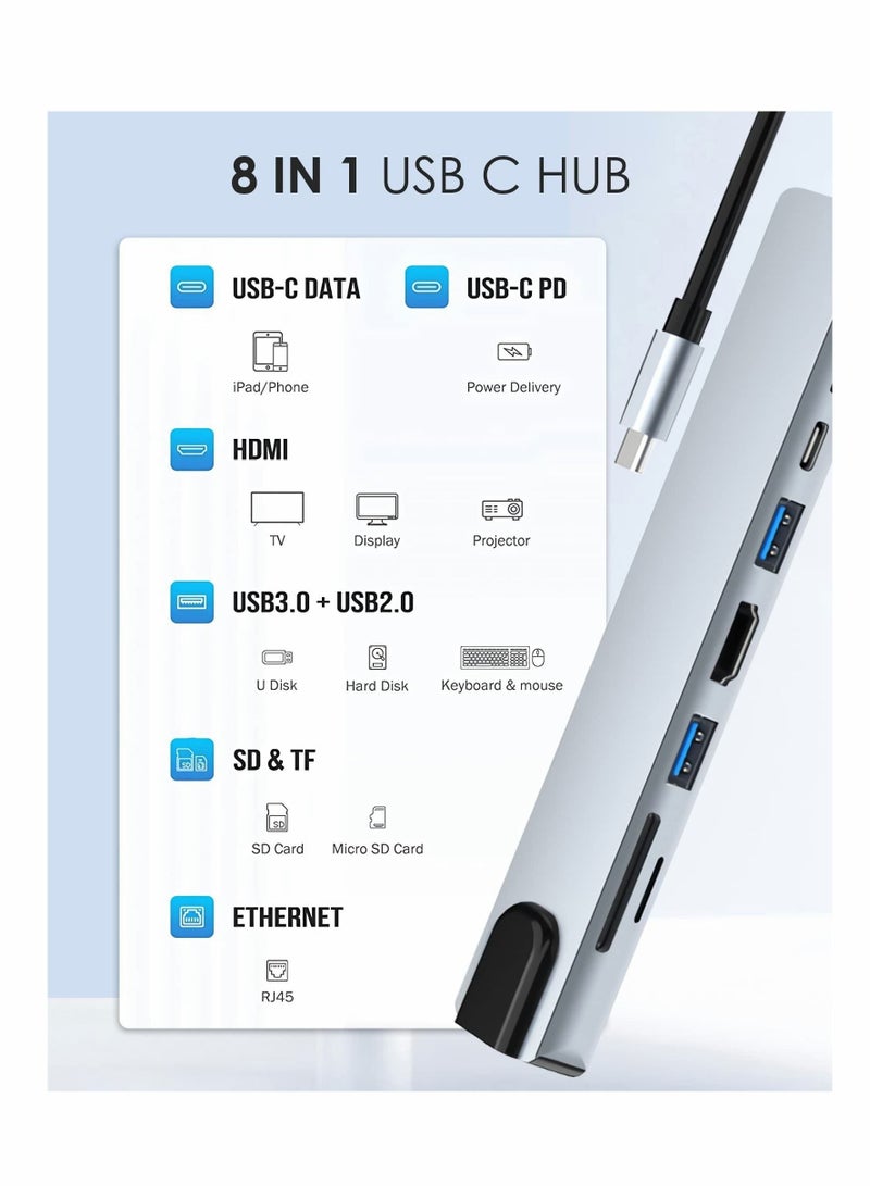 Barakah 8 in 1 USB C Docking Station, USB C Hub Multiport Adapter with 4K HDMI, 100W Power Delivery, USB-C, Ethernet, 2 USB, SD/TF Card Reader Compatible with MacBook Pro XPS and More Type C Devices - Image 2