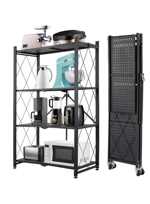 Foldable Storage Shelves on Wheels, 4 Tier Shelves for Storage, Large Capacity Metal Shelving Units, No Assembly Storage Rack for Garage, Kitchen, Basement, Kitchen Shelf Organizer
