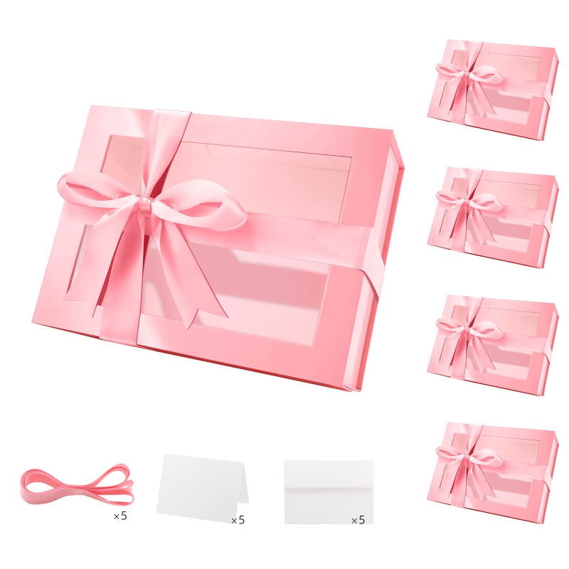 PACKQUEEN 5 Pink Mothers Day Gift Boxes with Windows 9x65x38 Inches Valentines Day Clear Gift Boxes for Presents Contain Ribbons Cards Bridesmaid Proposal Boxes Gift Boxes with Magnetic Lids Glossy Pink
