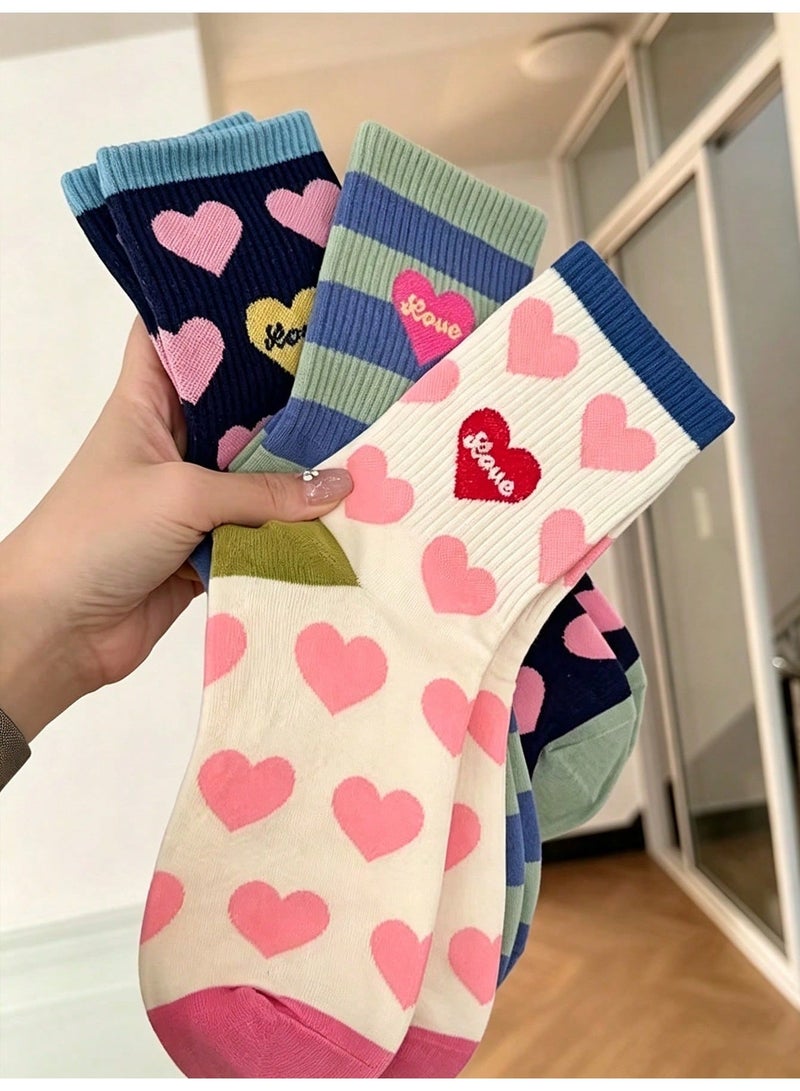 Socks For Ladies 5 Pairs Women's Casual Crew Socks With Cute Heart and Love Letter Patterns, Soft Ribbed Mid Calf Socks With Colorful Stripes, Trendy Fashion Socks in Pink White Blue Green and Navy, Comfortable Everyday Socks for Women, Size 36-39 - Image 4
