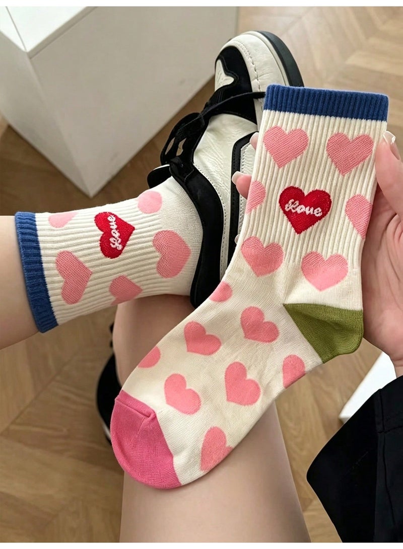 Socks For Ladies 5 Pairs Women's Casual Crew Socks With Cute Heart and Love Letter Patterns, Soft Ribbed Mid Calf Socks With Colorful Stripes, Trendy Fashion Socks in Pink White Blue Green and Navy, Comfortable Everyday Socks for Women, Size 36-39 - Image 3