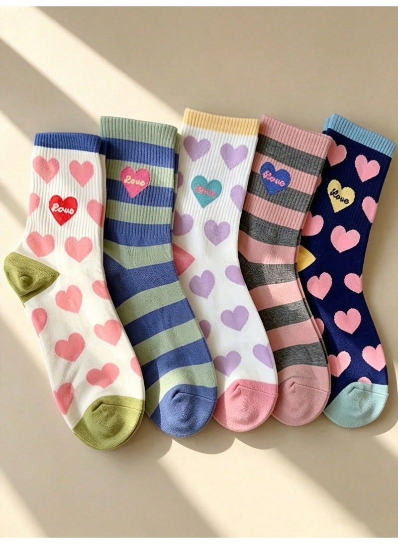Socks For Ladies 5 Pairs Women's Casual Crew Socks With Cute Heart and Love Letter Patterns, Soft Ribbed Mid Calf Socks With Colorful Stripes, Trendy Fashion Socks in Pink White Blue Green and Navy, Comfortable Everyday Socks for Women, Size 36-39 - Image 2