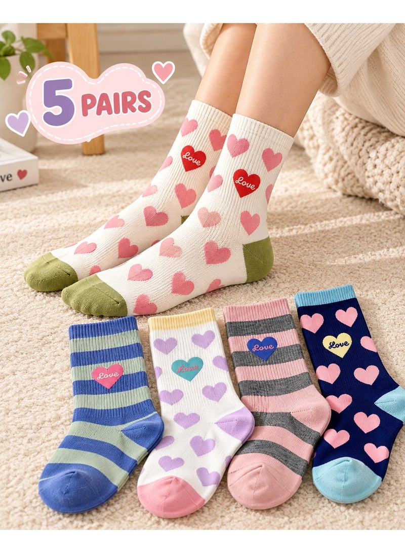 Socks For Ladies 5 Pairs Women's Casual Crew Socks With Cute Heart and Love Letter Patterns, Soft Ribbed Mid Calf Socks With Colorful Stripes, Trendy Fashion Socks in Pink White Blue Green and Navy, Comfortable Everyday Socks for Women, Size 36-39 - Image 1