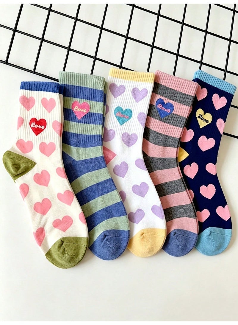 Socks For Ladies 5 Pairs Women's Casual Crew Socks With Cute Heart and Love Letter Patterns, Soft Ribbed Mid Calf Socks With Colorful Stripes, Trendy Fashion Socks in Pink White Blue Green and Navy, Comfortable Everyday Socks for Women, Size 36-39 - Image 5