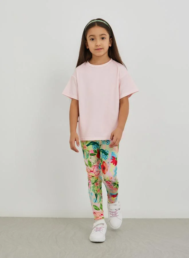 ستايلي Styli Flower Patch T-Shirt and Striped Leggings Set