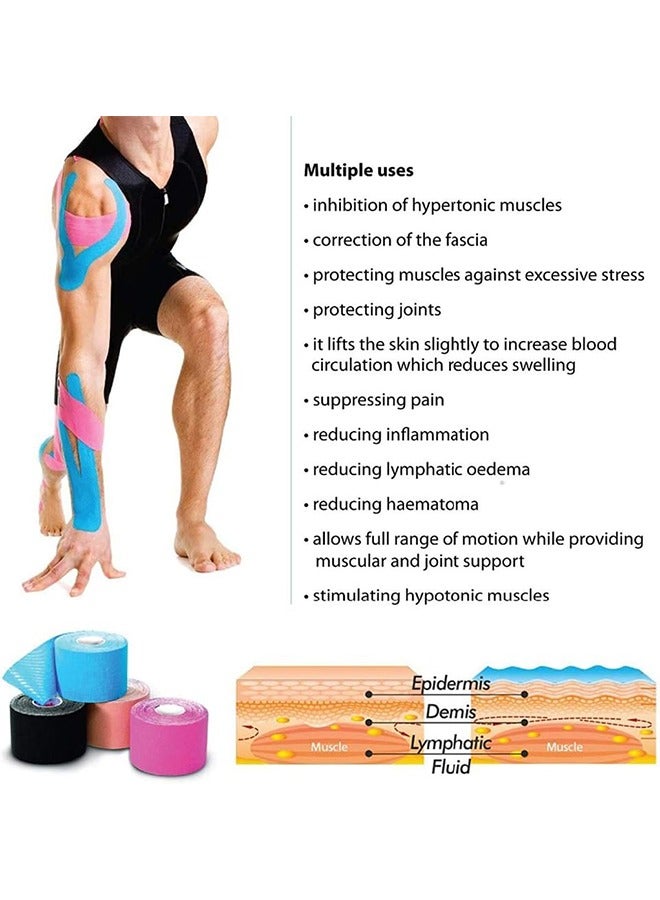 Generic 4 Rolls Waterproof Breathable Kinesiology Tape, Athletic Elastic Kneepad Muscle Pain Relief Knee Taping for Gym Fitness Running Tennis Swimming Football (Black, Skin, Pink, Blue, 5CM*5M) - Image 5