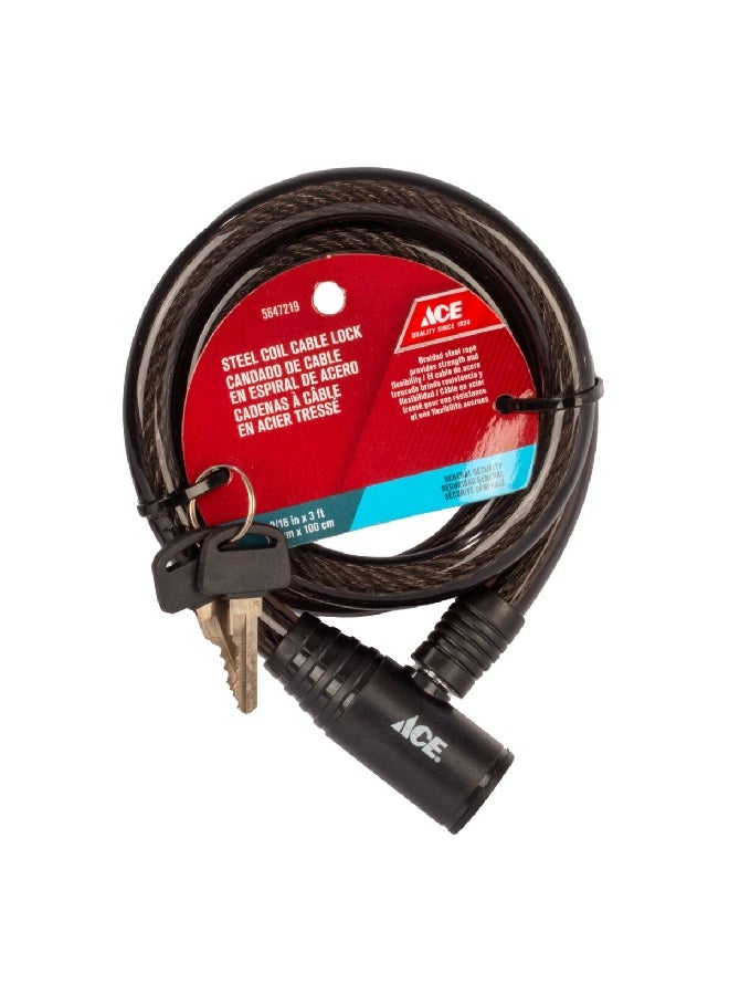 ACE Sturdy and Durable 2-Keys Steel Coil Bicycle Cable Lock Black 3 ft HC82106 - Image 1