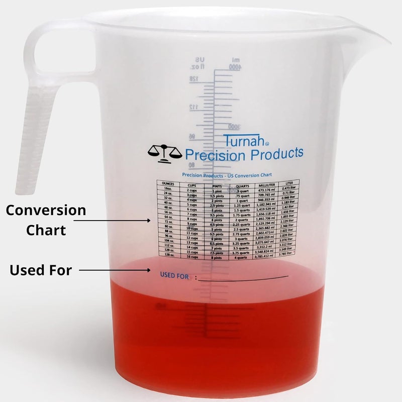 Turnah One Gallon 128oz Measure Pitcher - Convenient Conversion Chart - Strong Food Grade - Great for Lawn, Chemicals Pool, Ag, Lye, Home Hobbies, Motor Oil, Fluids - Precision Products, Made in USA - Image 2
