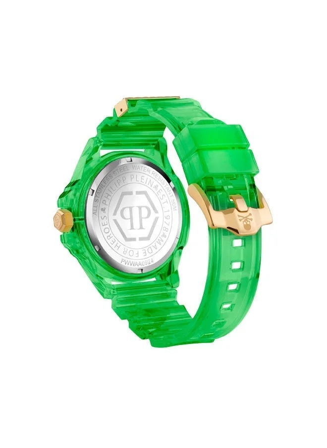 فيليب بلين THE $KULL SCUBA DUBA EDITION Men's 45mm Neon Green Watch by Philipp Plein, Golden Skull Dial, Transparent Case, Water Resistant to 50m