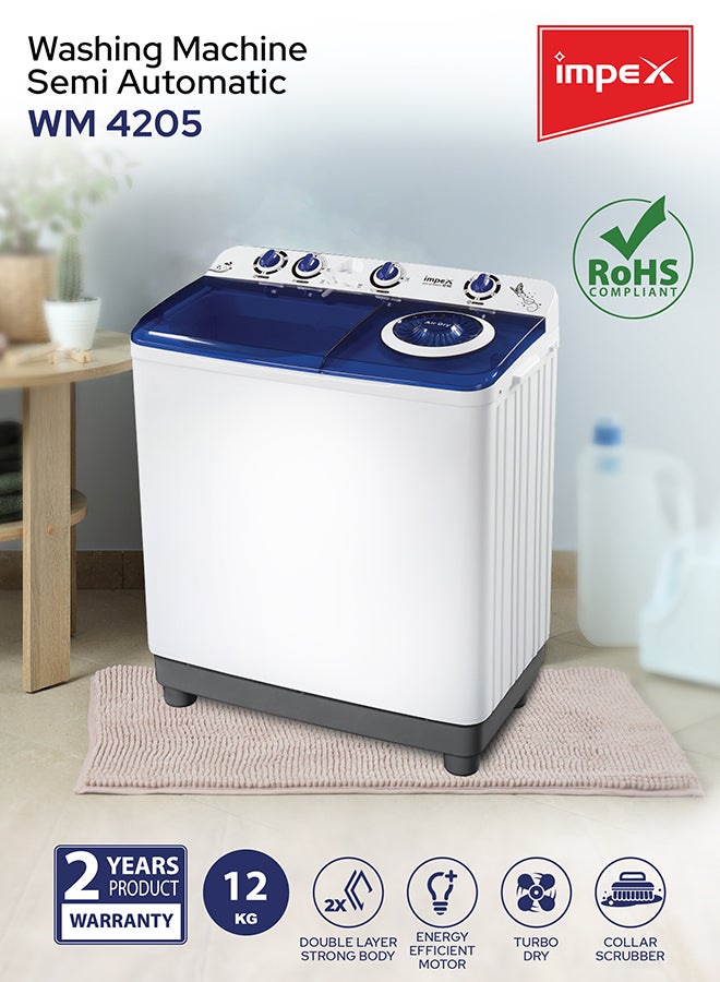 Impex WM 4205 12KG Semi Automatic Washing Machine 12 kg 420 W WM 4205 Black/White/Grey - Image 2